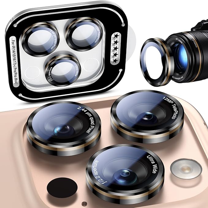 Uyiton for iPhone 17/16/15/14 (Pro Max & Pro) Camera Lens Protector | Unique Lines Text Design, Case-Friendly, Military-Grade Sapphire Glass Metal Camera Cover, Easy to Install, Black+Gold by Uyiton