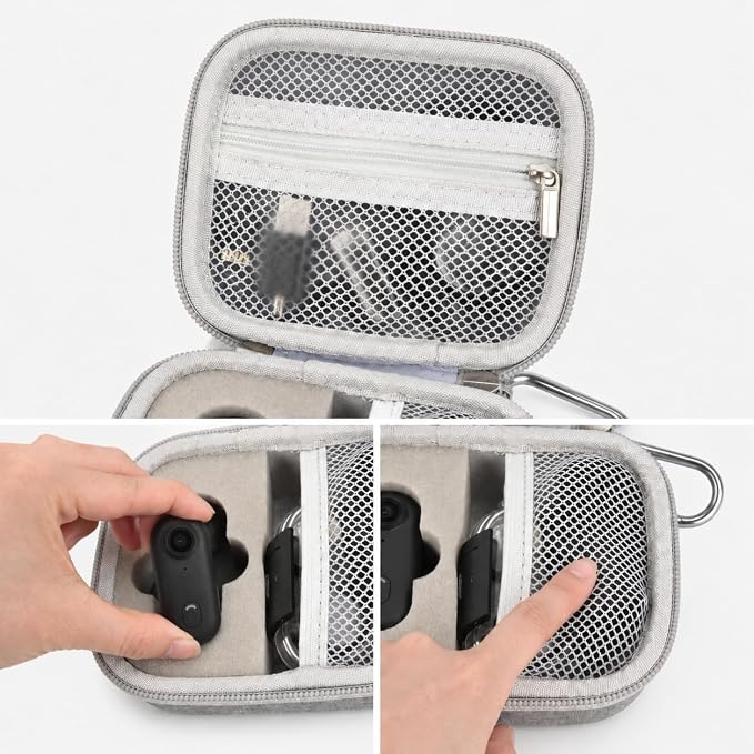 Casmilee Hard Mini Body Camera Case for Thumb Action Cam, Box Only | Hard shell 5.2 x 4.25 x 2.2 in case with sponge insert, mesh pockets and carabiner for vloggers, riders and travel - Image 5