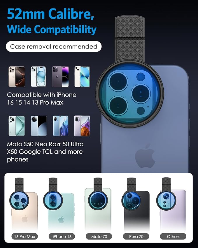 AMIR 52MM Clip-on CPL Phone Camera Lens Filter, Circular Polarizer Filter, Phone Lens Filter Kit Compatible with iPhone 17 16 15 14 13 12, Google Pixel and Other Android Smart Phones - Image 6