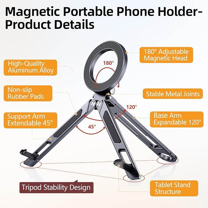 Magnetic Phone Tripod Stand for iPhone iPad, Aluminium Portable Phone Tablet Holder with Carabiner Smartphone Mini Tripod Stand Strong Magnet Compatible with iPhone 17 16 15 14 13 12 iPad Series - Image 7