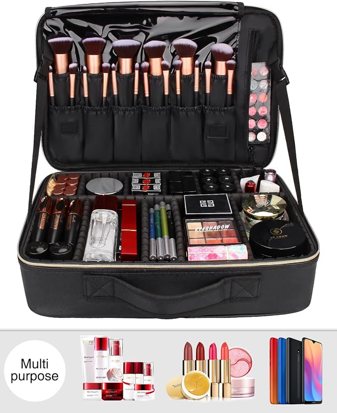 Relavel Makeup Case Large Makeup Bag Professional Train Case 16.5 inches Travel Cosmetic Organizer Brush Holder Waterproof Makeup Artist Storage Box, Large Capacity (Leather Black) - Image 7