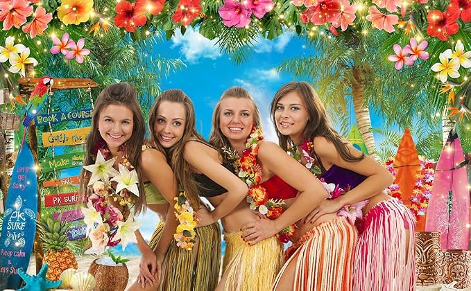 12x8ft Summer Hawaiian Beach Photography Tropical Luau Backdrop | Flower Palm Leaves Background, Aloha Party Supplies, Surfboard Banner, Holiday Photo Booth, Polyester, Grommets, 1PC - Image 3