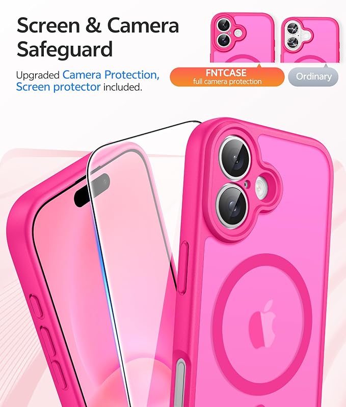 FNTCASE for iPhone 16 Case, Fit for Magsafe, Screen Protector, Hot Pink | Full Camera Protection, Translucent Matte, 14FT Military Grade Drop Proof, Shockproof Protective Phone Cover - Image 4