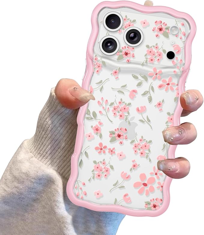 QLTYPRI for iPhone 17 Pro Max Pink Flower Case, Clear Cute Pink Floral Flower Phone Case Curly Wavy Aesthetic Phone Cover, Soft Slim Transparent TPU Shockproof Protective Cover for Women Girls - Pink - Image 7