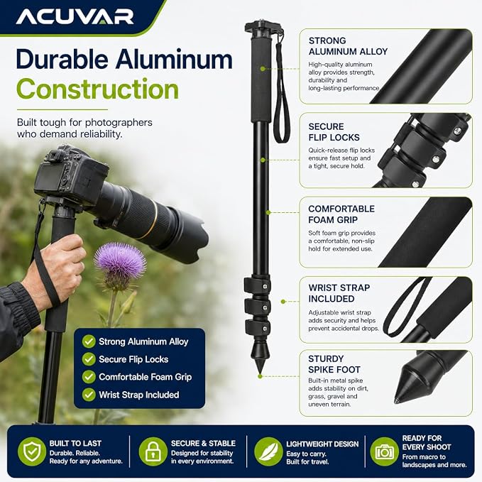 Acuvar Pro Series 72" Camera Monopod with Quick Release Plate, Lightweight 4-Section Aluminum Monopod for DSLR & Mirrorless Cameras, Canon, Nikon, Sony, Fujifilm, Panasonic, Olympus, Pentax - Image 4