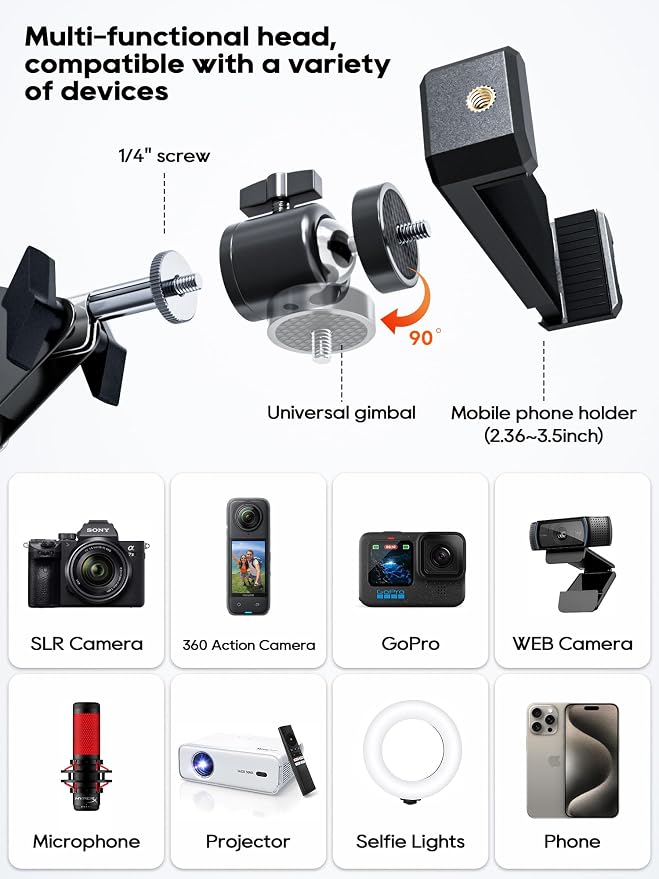 CACENCAN Overhead Camera Mount, 5lb Horizontal Load-Bearing, 360° Adjustable Stand for Desk, Flexible Arm Desk Mount, with Phone Clamp, Tabletop Mount for DSLR Camera/Webcam/Microphone（White - Image 7