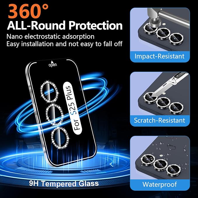 for Samsung Galaxy S25 Plus Camera Lens Protector, Individual Metal Ring Tempered Glass Lens Cover, [Strong Adsorption] Scratch Resistant Ultra-Thin HD Clear Lens Cover, 1 Set-Black Diamond - Image 2