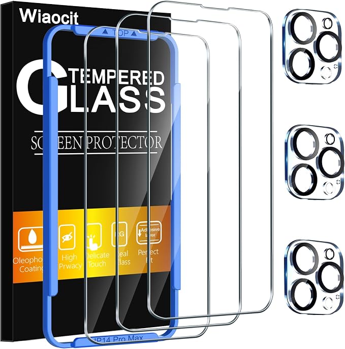 Wiaocit Tempered Glass Screen Protector for iPhone 14 Pro Max | 3+3 Pack, 9H Hardness, Camera Lens Protector, Installation Frame, Bubble Free, Case Friendly by Wiaocit