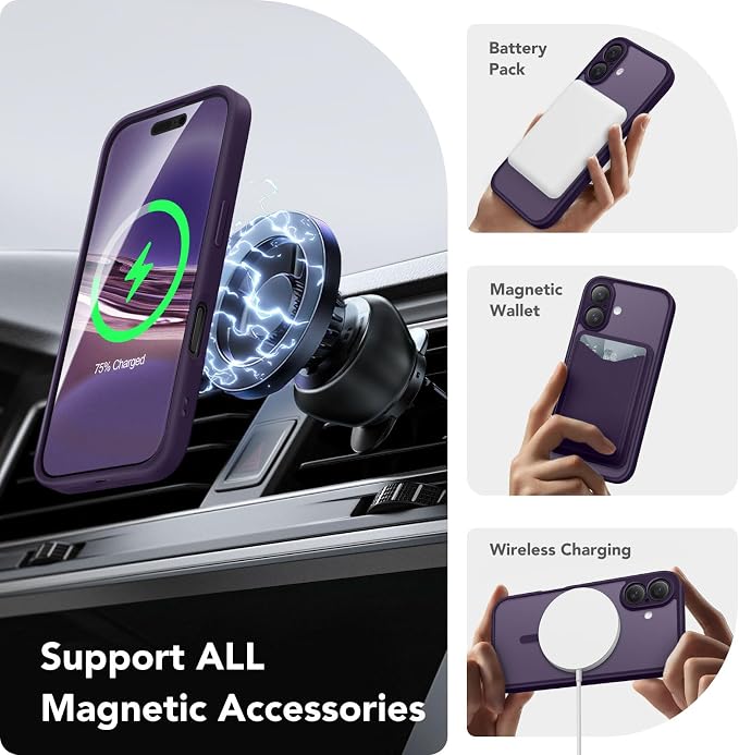 CAPRARO for iPhone 16 Case, Compatible with MagSafe | Upgraded [Full Camera Protection] Protective Translucent Matte Women Girl Magnetic Phone Case Cover, Deep Purple - Image 3