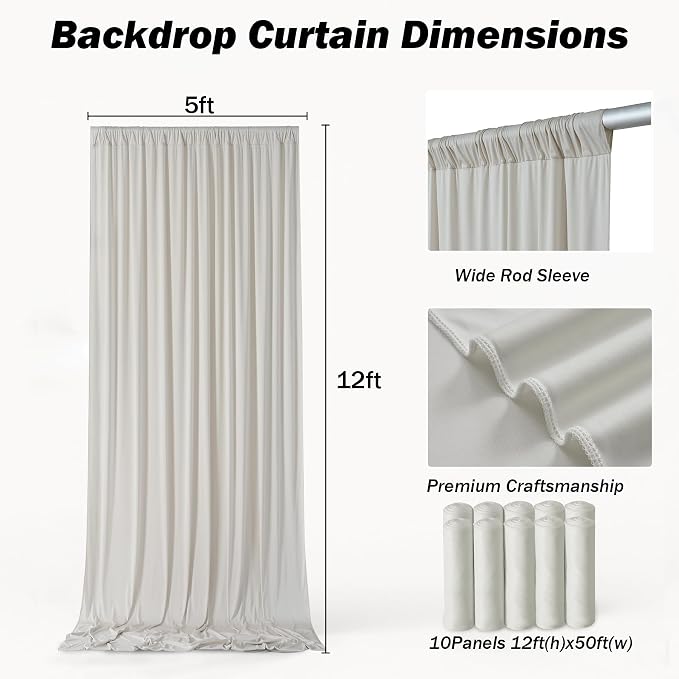 50x12 ft Beige Backdrop Curtains for Weddings Parties, Birthdays and Photos | 10 Panels 5x12 ft, Wrinkle-Free Polyester Drapes, Washable, Ironable, 4 in Rod Pocket for Baby Showers Photography Background - Image 8