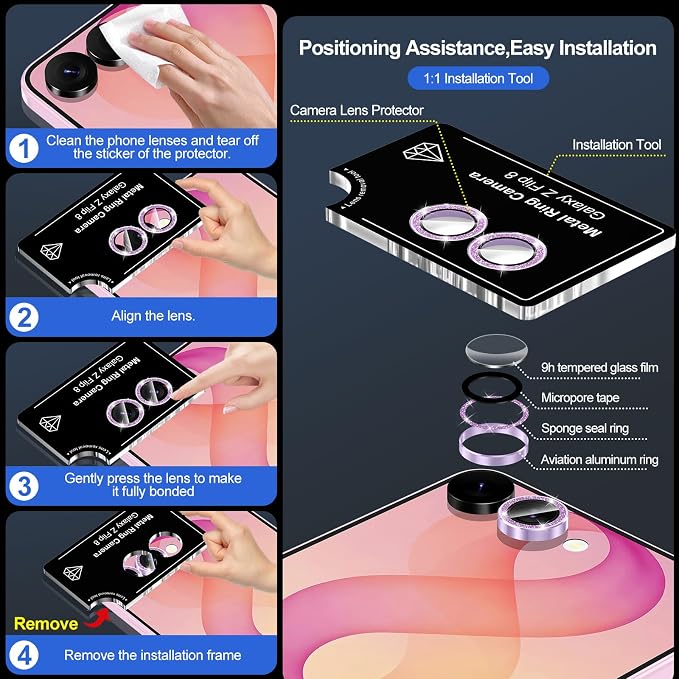 for Samsung Galaxy Z Flip 8 Camera Lens Protector, Individual Metal Ring Tempered Glass Lens Cover, [Strong Adsorption] Scratch Resistant Ultra-Thin HD Clear Lens Cover, 1 Set-Purple Sparkly - Image 7