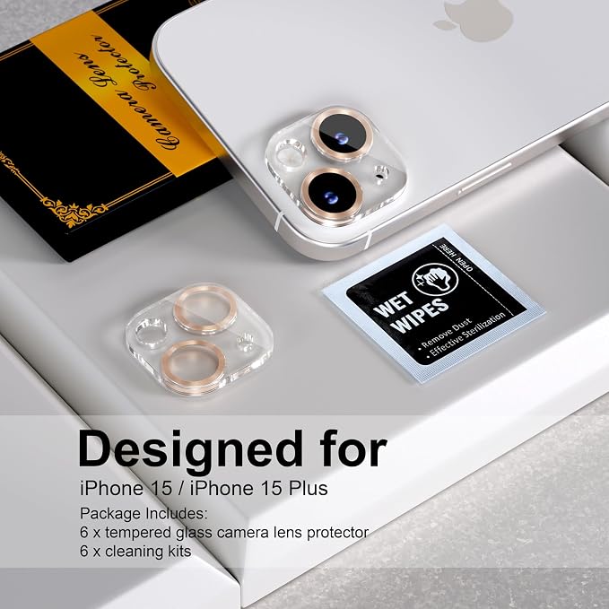 for 6 Pack iPhone 15 / iPhone 15 Plus Camera Lens Protector [Drop Protection] [Case Friendly] [Easy Installation] 9H Tempered Glass Camera Screen Protector Cover Accessories, CD Gold - Image 2