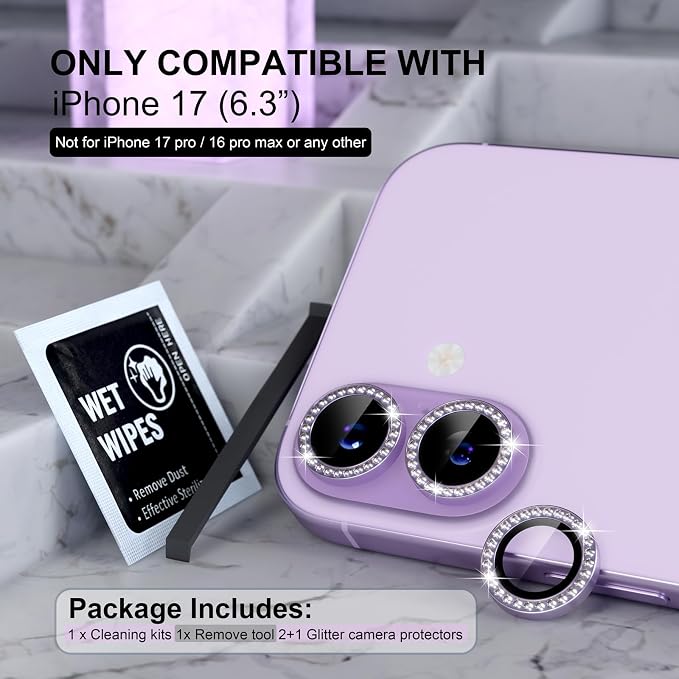 Choiche for iPhone 17 Camera Lens Protector Bling, Diamond-Purple | Ultra HD, 9H Tempered Glass Camera Cover Screen Protector Metal Individual Ring Decoration Accessories, 2-Lens, 6.3-inch - Image 2