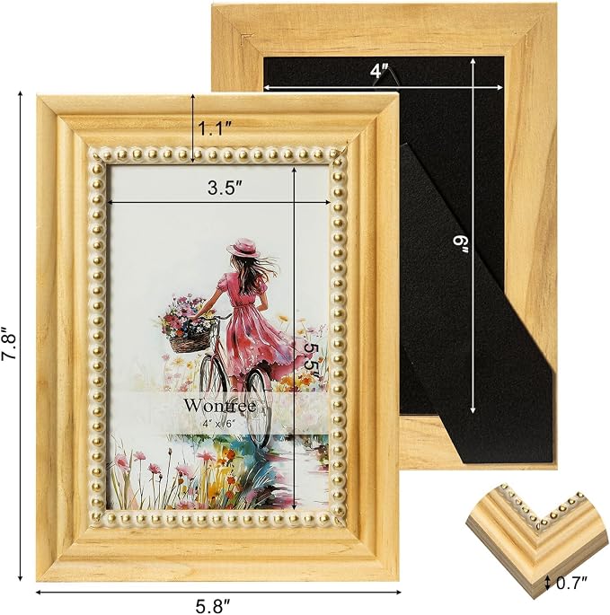 4x6 Picture Frame in Nature with Gold Beaded Border, Pine Wood with Real Glass, Vertical and Horizontal Desk Tabletop or Wall Hanging - Image 3
