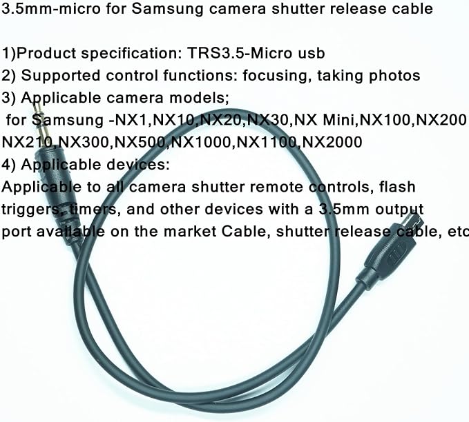 3.5mm-Micro USB Camera Remote Shutter Release Cable Wire for Samsung Accessories NX1, NX10, NX20, NX30, NX Mini, NX100, NX200, NX210, NX300, NX500, NX1000, NX1100, NX2000 for Connecting Flash Triggers - Image 5