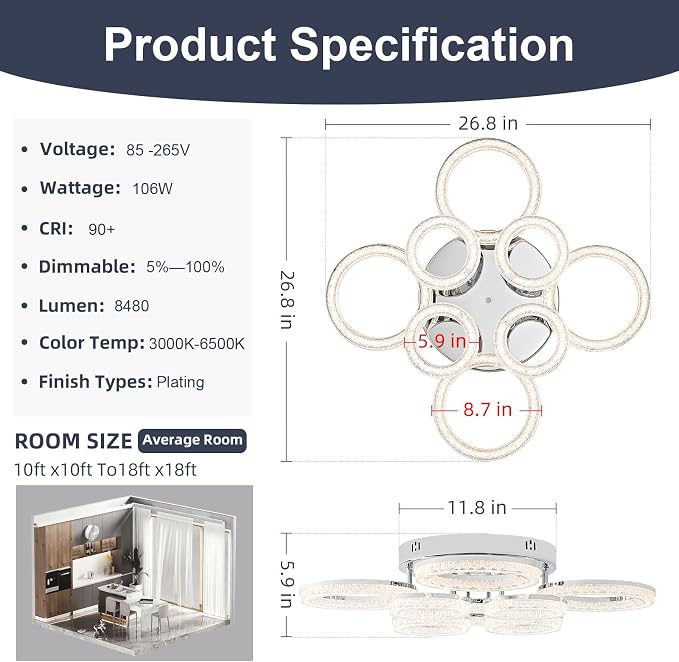 Modern Ceiling Light, 8 Rings 26.8'' Dimmable LED 106W Flush Mount Ceiling Lights with Remote Acrylic Crystal Round Ceiling Light Fixture, Bedroom Living Room Dining Room, Chrome - Image 3