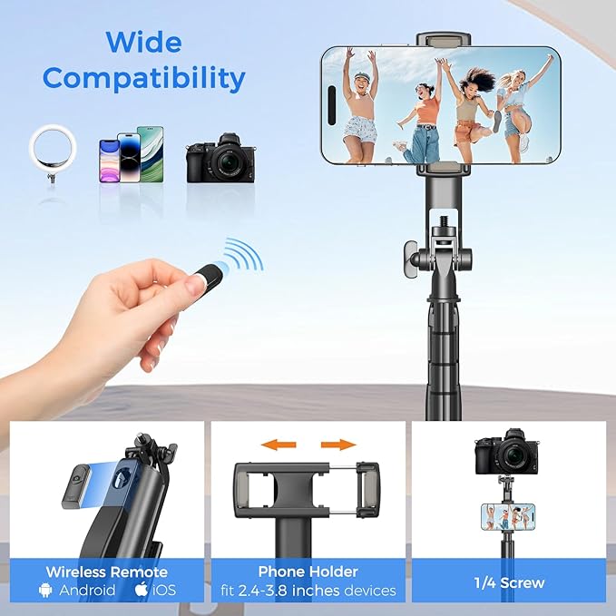 Selfie Stick Tripod for Phone with Remote Control & Holder, 72 Inch, Black | Extendable Selfie Stick for iPhone, iPhone Tripod for Video Recording - Image 6
