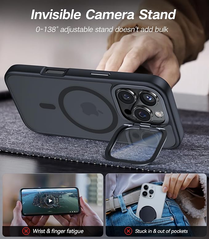 VOFATA [Upgraded] for iPhone 16 Pro Max Case with Camera Cover Stand [Fit for MagSafe][9H Camera Lens Protector] Mil-Grade Protection Translucent Magnetic iPhone 16 Pro Max Phone Case, Black - Image 3