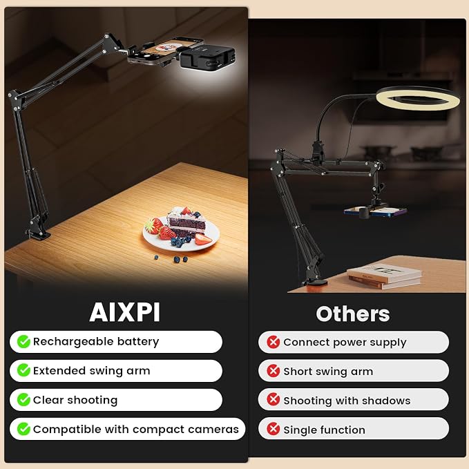 Overhead Phone Mount with LED Selfie Light and Bluetooth Remote, Rechargeable Ring Light Tripod Stand with Flexible Boom Arm, Desk Phone Holder for Video Recording, Live Streaming, TikTok, Vlogging - Image 2