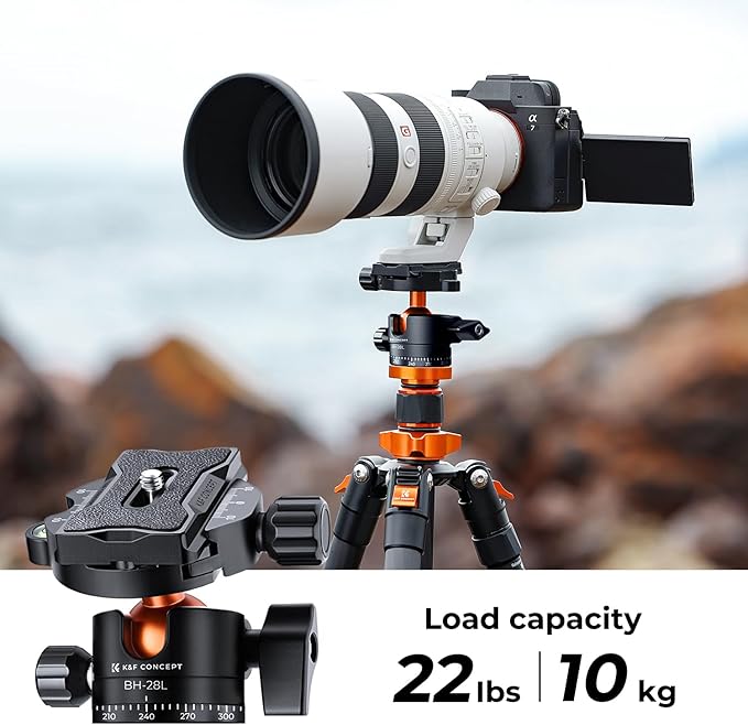 K&F Concept 68" Carbon Fiber Camera Tripod, Metal Ball Head for DSLR | 22lbs Load, Detachable Monopod, Compact Tripods with Phone Mount, Quick Release Plate, O255C4+BH-28L - Image 5