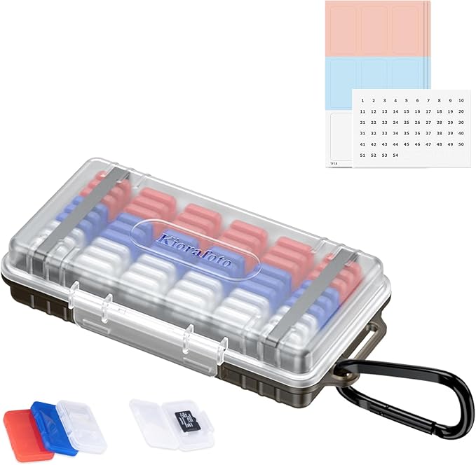 Dual Protect Waterproof MicroSD Card Case w 54 Small Plastic TF Card Cases | 54 Slots,Transparent,Water-Resistant Camera Memory Card Holder,for 54x MicroSD MicroSDHC MicroSDXC MSD,w Carabiner & Labels by Kiorafoto