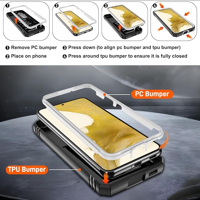 Gritup for Samsung Galaxy S22 Case with Screen Protector*2, Galaxy S22 Case Build in 360° Rotating Ring Kickstand, Military Grade Protective Cover for Galaxy S22 Phone, White+Black - Image 4