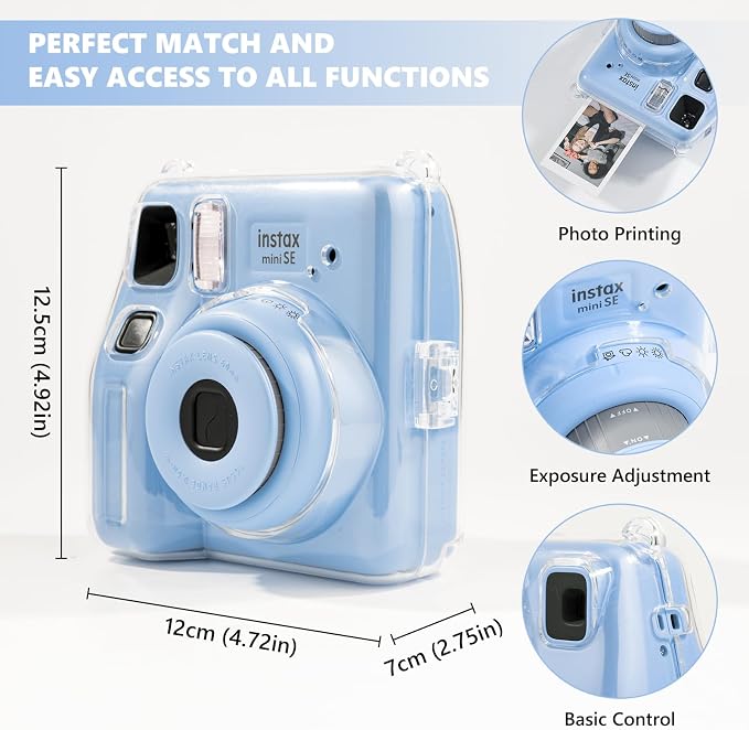 Fuji Mini SE Clear Case, Hard PC Protective Case for Instax Mini SE Instant Camera with Cute Cartoon Sticker & Adjustable Shoulder Strap - Blue Beach Sea - Image 4