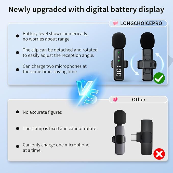 Microphone for iPhone & Android, Wireless Mini Microphone | Battery Display, Clear Voice, Noise Cancelling, Lavalier Mic for TikTok, YouTube & Interviews, Dual Mic - Image 2