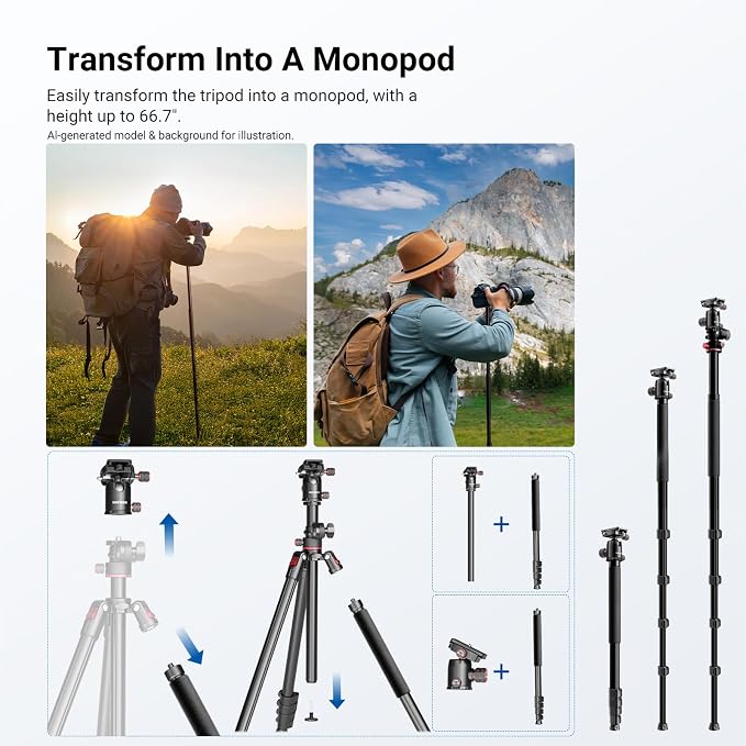 NEEWER Basics Overhead Camera Tripod Monopod with Ball Head & Horizontal Center Column, 76 Inch Tall Metal DSLR Video Travel Stand, Arca Type QR Plate & Inverted Legs, Max Load 17.6 lb, TP014 - Image 5