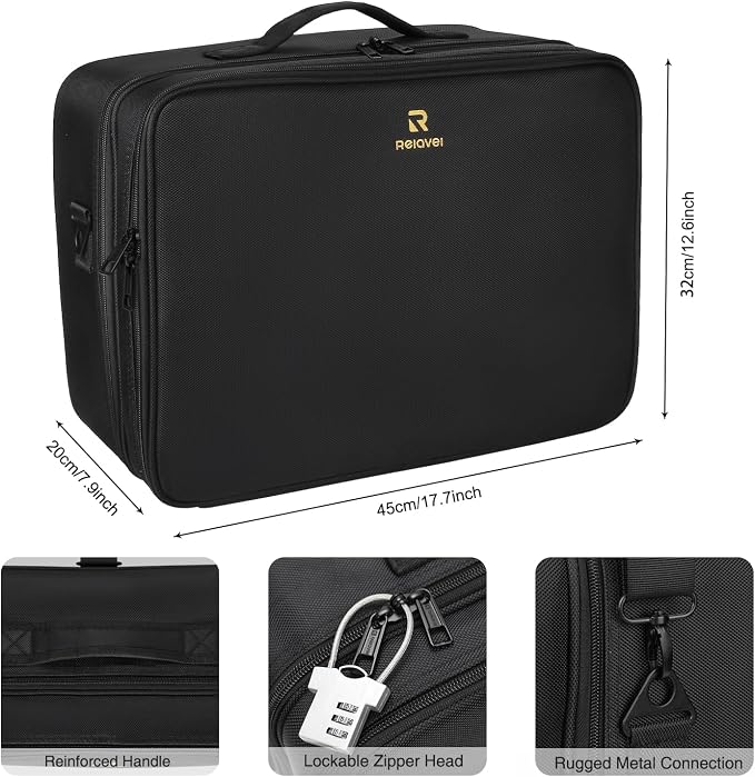 Relavel Extra Large Makeup Case, Makeup Artist Set Bag Professional Cosmetic Organizer Bag Storage Box with Makeup Brush Holder, Adjustable Dividers and Shoulder Strap, Black - Image 5