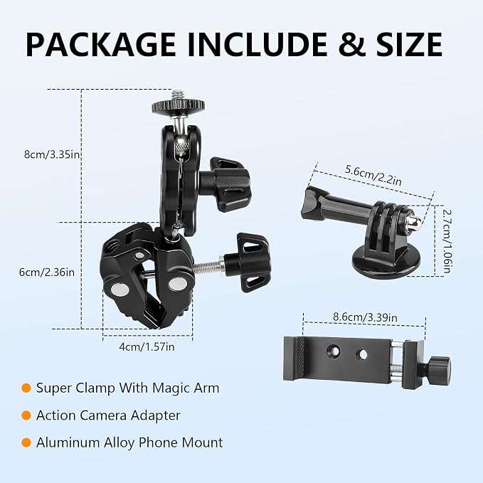 Chelhead Super Clamp Camera Mount with Phone Holder for Up to 3" Tubes | Dual 1/4"-20 & 3/8"-16 Threads, Compatible with DSLR Cameras, Action Cameras, LED Lights, Gimbals & Tripods - Image 9