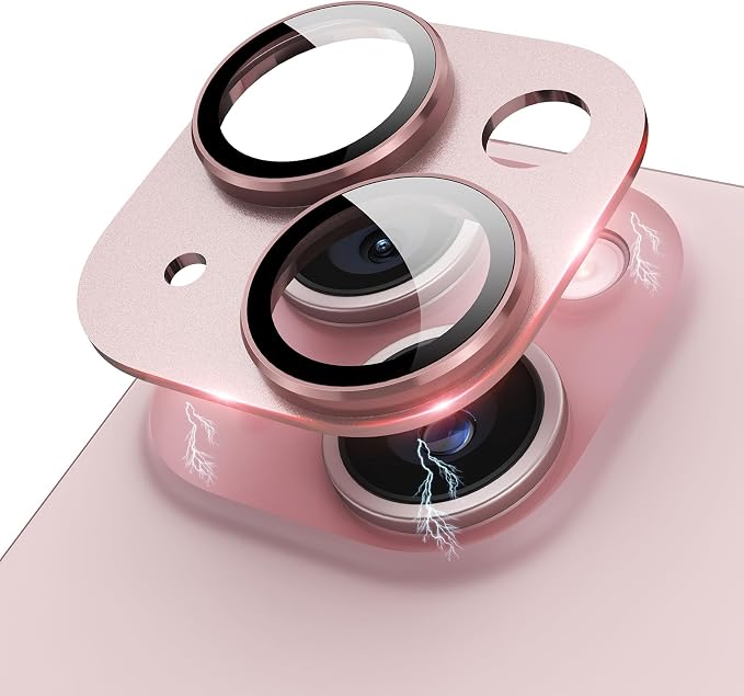 Compatible for iPhone 15/ iPhone 15 Plus/iPhone 14/ iPhone 14 Plus Camera Lens Protector Metal Plus Aluminium Alloy Ring 9H Tempered Glass Screen Camera Cover Pink by KANOSAN