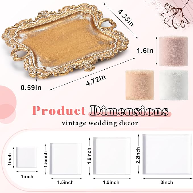 Cinnvoice 8 Pcs Flat Lay Photography Props Set for Jewelry & Wedding Details, Vintage Jewelry Tray, Acrylic Display Blocks, Chiffon Silk Ribbon for Bridal Party Decor Gift(4 Square Bases) - Image 4