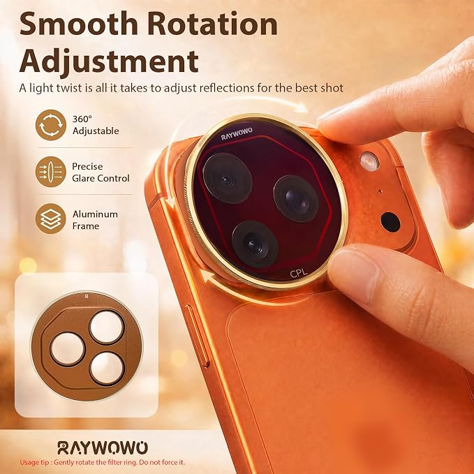 VND2-32 Lens Filter for iPhone 17 Pro, Orange Gold | Variable ND filter controls exposure from ND2 to ND32 for outdoor video; quick-install design for iPhone photos and filming. - Image 3