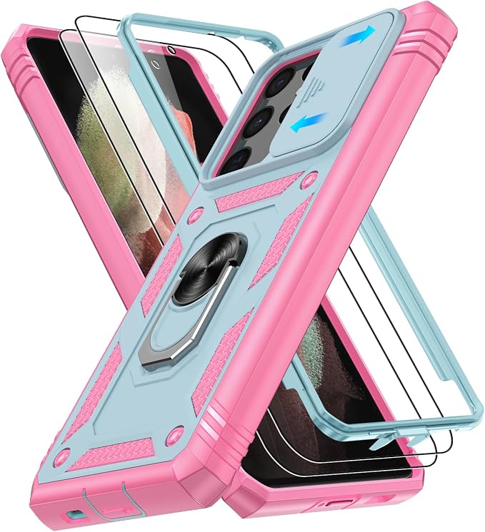 Gritup for Samsung Galaxy S21 Ultra Phone Case: Case S21 Ultra with 2*Screen Protector | Magnetic Stand & Slide Camera Cover | Shock Proof Military-Grade Funda para S21Ultra Cover, Green+Pink by Gritup