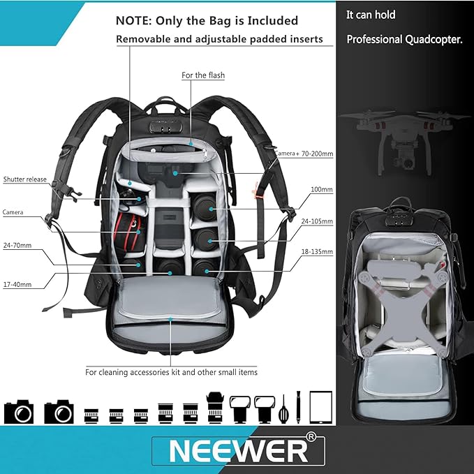 Neewer Pro Camera Case Waterproof Shockproof Adjustable Padded Camera Backpack Bag with Anti-theft Combination Lock for DSLR,DJI Phantom 1 2 3 Professional Drone Tripods Flash Lens and Other Accessory - Image 3