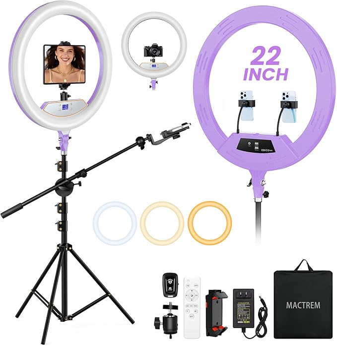 MACTREM Professional 22" Ring Light with Stand, Overhead Phone Mount | LCD Display, Phone Tablet Holders, 2 USB Ports, 75" Tripod for Barber Makeup Tattoo TikTok Video Recording Vlog by MACTREM