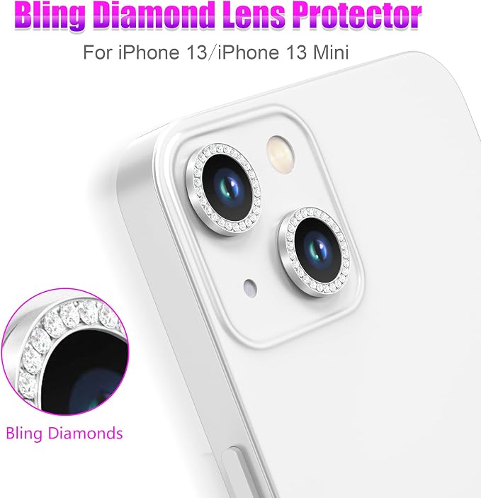 AGVEE 3+3 6 Pack for iPhone 13 & Mini Camera Lens Protector Cover | Individual Bling Diamond & Bling Glitter Sparkle Cute Gem Metal Ring, 9H Tempered HD Glass - Image 4