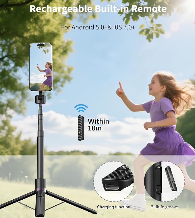 TONEOF 68" Magnetic Aluminum Phone Tripod Selfie Stick for iPhone & Android | Rechargeable Remote,360° Rotatable Foldable Cell Phone Stand Holder with Metal Ring,Travel Tripod for Magsafe (Black) - Image 3