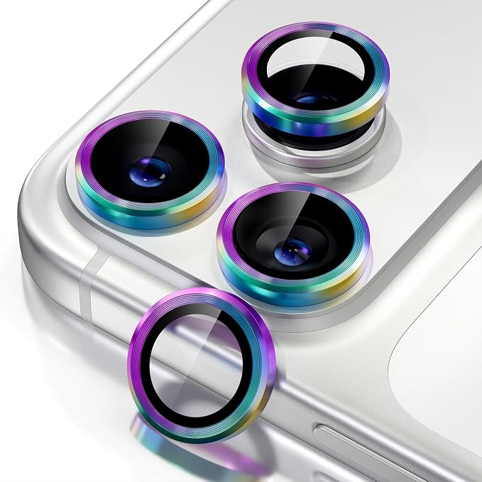 Misea Compatible for iPhone 17 Pro/iPhone 17 Pro Max Camera Lens Protector | 9H Tempered Glass Ultra HD Bling Camera Screen Protector Cover Metal Individual Ring Decoration Accessories, Colorful by Misea