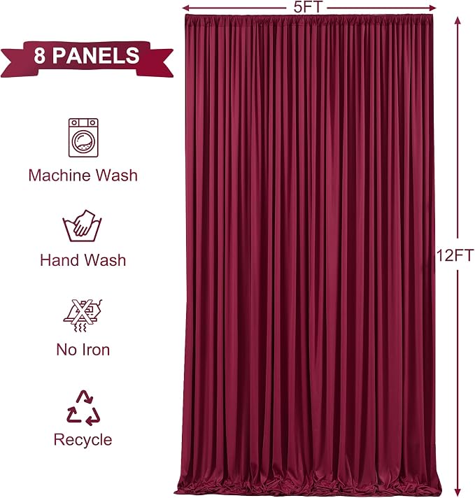 8 Panels Burgundy Backdrop Curtains for Wedding Party Wrinkle Free Backdrops Curtain Drapes Fabric Decorations Maroon Photo Back Drop for Baby Shower Photography Stage Reception 40ft(W) x 12ft(H) - Image 5