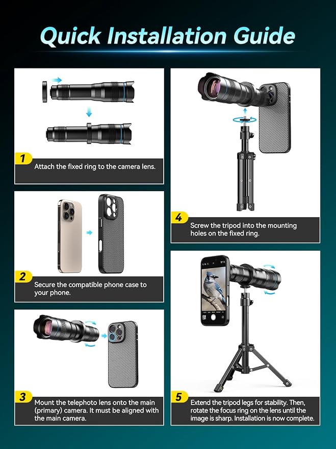 APEXEL 36x Telephoto Lens Compatible with iPhone 16 Pro | Photography for Travel, Birdwatching, Exploration | Kit with Sturdy Metal Tripod and Threaded Phone Case - Image 6