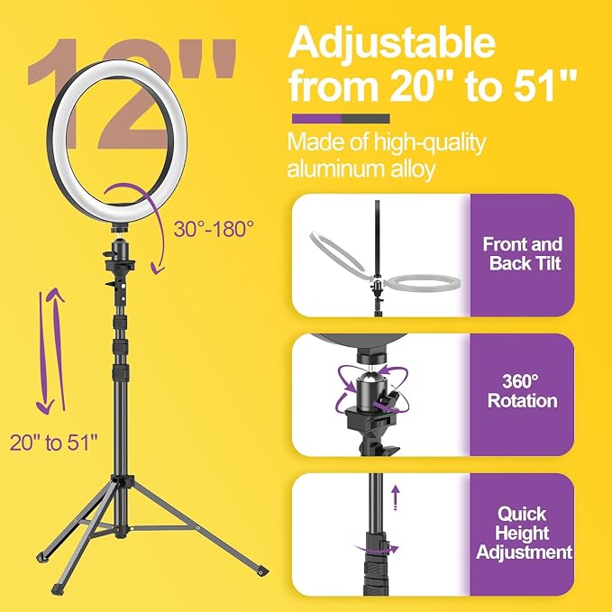 EMART 12" Ring Light with 55" Extendable Tripod Stands and Phone Holder | Dimmable LED Circle Round Light for Selfie Camera Photography, Makeup, YouTube Video, Vlogging, Live Streaming - Image 3