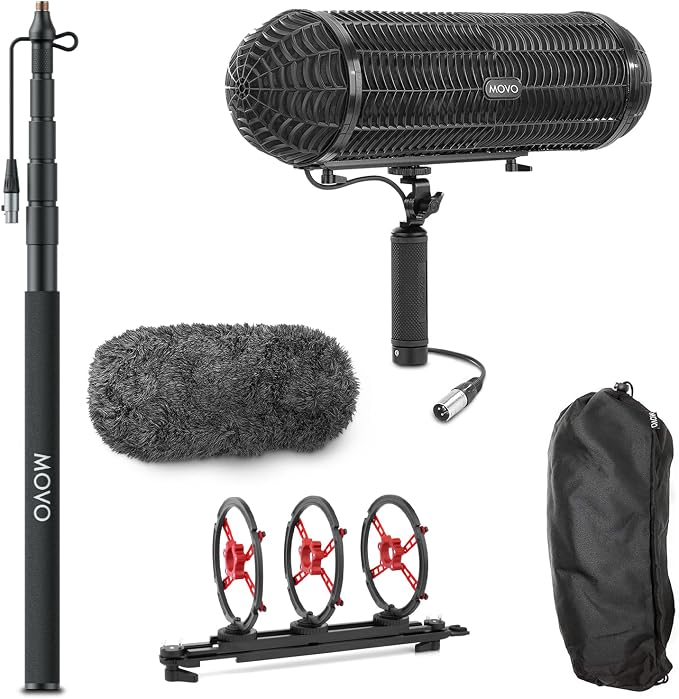 Movo Location Sound Production Bundle for Shotgun Microphones - Includes 9.8-foot CMP-17C Boom Pole with Integrated XLR Cable and Blimp Windshield/Vibration Protection System by Movo