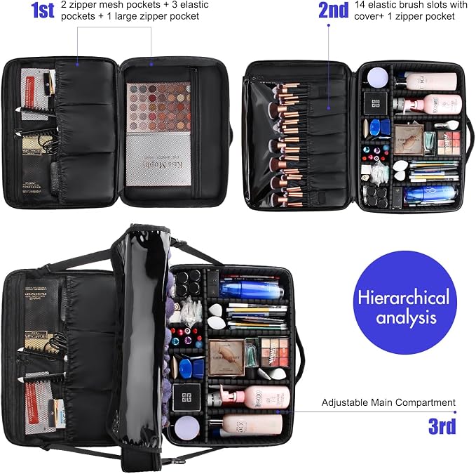 Relavel Extra Large Makeup Case, Makeup Artist Set Bag Professional Cosmetic Organizer Bag Storage Box with Makeup Brush Holder, Adjustable Dividers and Shoulder Strap, Black - Image 2