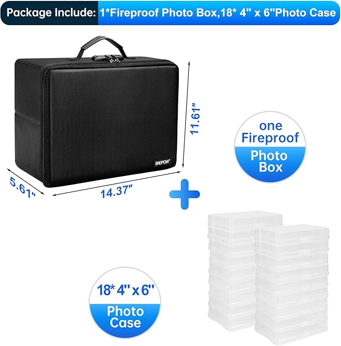 ENGPOW Photo Storage Box with 18 Inner 4" x 6" Photo Case(Clear), Fireproof Photo Organizer with Lock, Collapsible Portable Acid-Free Photo Keeper Craft Storage with Handles for Home, Office, travel - Image 2