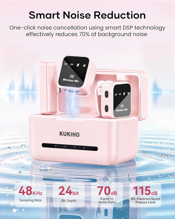 Wireless Lavalier Microphone for iPhone iPad Android with Charging Case 80h Battery Life, Noise Cancellation, 164ft Range Plug-Play Clip On Lapel Mic for YouTube, Video Recording, Vlog (Pink) - Image 7