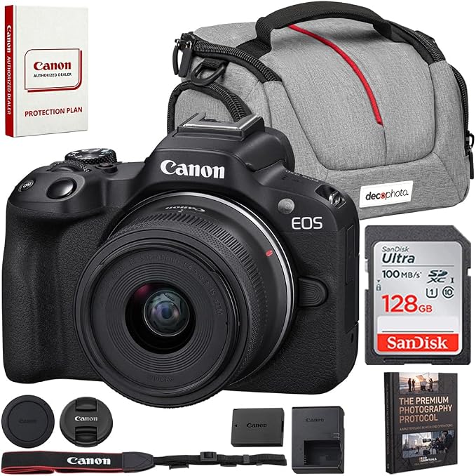 Canon EOS R50 Mirrorless Camera with RF-S 18-45mm F4.5-6.3 is STM Lens (5811C012) Bundle with Sandisk 128GB Memory Card + Deco Essentials Camera Bag + Photography Pro Ebook by Unknown