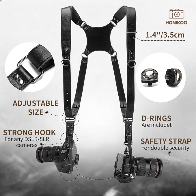 Dual Camera Harness Leather Camera Straps for Photographers for DSLR/SLR | Camera Holster Camera Harness for Photographers Leather Harness Camera Belt Spider Holster Camera Belt Camera Neck Strap - Image 3