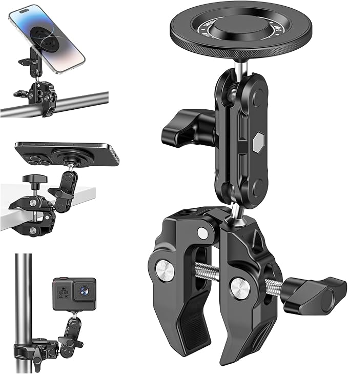 Mic Stand Phone Holder Aluminum Compatible with Magsafe iPhone 16/15/14/13/12 Plus Pro Max Series, Side Mount Cellphone Music Stand Holder for Microphone, 360° Swivel Tilt Adjustable Mic Phone Mount by CAMOLOGEEK